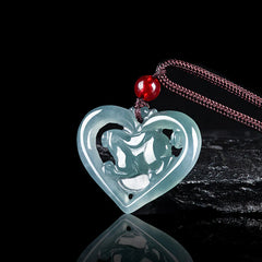 Natural Jade Heart - Shaped Rabbit Luck Necklace Pendant