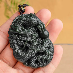 Hetian Cyan Jade Dragon Success Harmony Beaded Necklace Pendant