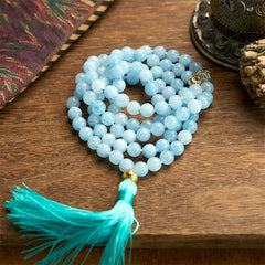 108 Mala Beads Natural Aquamarine Stone Tassel Lotus Healing Bracelet