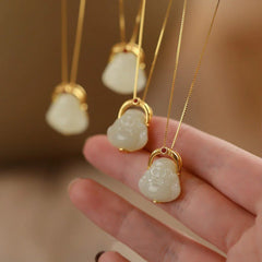 Renbeads 925 Sterling Silver Natural Hetian Jade Laughing Buddha Abundance Chain Necklace Pendant