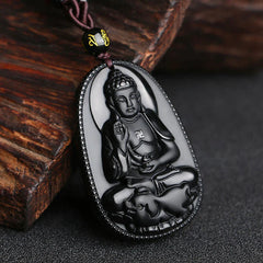 Chinese Zodiac Buddha Natural Black Obsidian Purification Necklace Pendant
