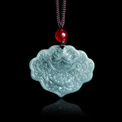 Lotus Pattern Carved Jade Abundance Prosperity Necklace Pendant with Rope