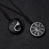 Black Obsidian Five Sacred Mountains Nine Character Mantra Carved Yin Yang Necklace Pendant