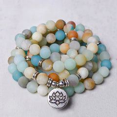 Tibetan Amazonite Stone Blessing Lotus Prayer Beads
