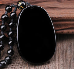 Natural Black Obsidian PiXiu Oval Pattern Necklace Pendant
