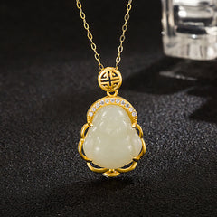 Renbeads 925 Sterling Silver Laughing Buddha Hetian White Jade Protection Necklace Pendant
