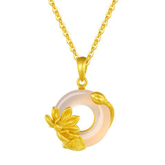 Natural White Chalcedony Peace Buckle Lotus Pendant 925 Sterling Silver Necklace