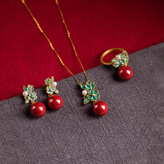 925 Sterling Silver Plated Gold Cinnabar Pearl Flower Jewelry Set