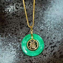 Cyan Jade Fu Character Peace Buckle Luck Necklace Pendant