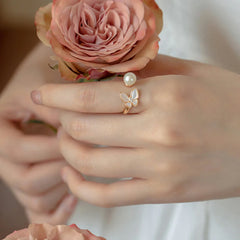 14K Gold Plated Copper Pearl and Shell Stone Butterfly Jewelry Set (Ring, Bracelet, Necklace, Pendant, Earrings)