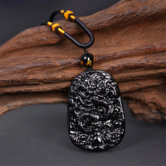 Black Obsidian Dragon Carved Luck Protection Necklace Pendant