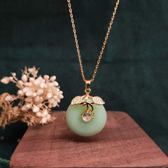 Round Jade Leaf Blessing and Fortune Necklace Pendant