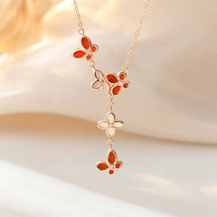 925 Sterling Silver Red Agate Tridacna Stone Butterfly Four Leaf Clover Calm Bracelet and Necklace Pendant Set