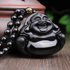 Laughing Buddha Black Obsidian Pendant Necklace
