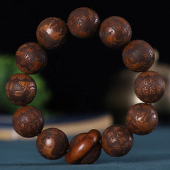 Renbeads Chinese Zodiac Rosewood Green Sandalwood Ebony Wood Copper Coin Carved Calm Bracelet