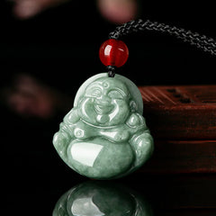 Natural Green Jade Laughing Buddha Luck and Abundance Necklace Pendant