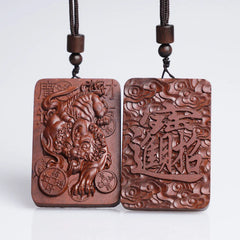 Natural Lightning Struck Jujube Wood PiXiu Copper Coin Good Luck Necklace Pendant