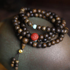 108 Mala Beads Agarwood Red Agate Turquoise Peace Meditation Bracelet
