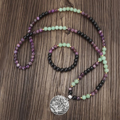 108 Mala Beads Amethyst Green Aventurine Lotus Meditation Bracelet
