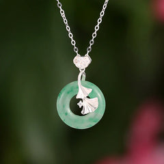 925 Sterling Silver Jade Ginkgo Peace Buckle Ruyi Lock Necklace Pendant