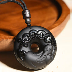 Chinese Zodiac Natural Black Obsidian Peace Buckle Strength Necklace Pendant