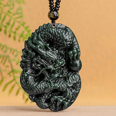 Hetian Cyan Jade Dragon Success Harmony Beaded Necklace Pendant