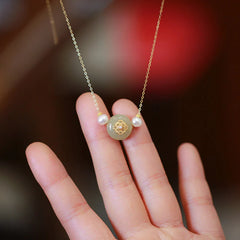 925 Sterling Silver Plated Gold Natural Jade Luck Necklace Pendant Bracelet Set