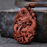 Lightning Struck Jujube Wood Double Dragon Relief Necklace Pendant for Warding Off Evil