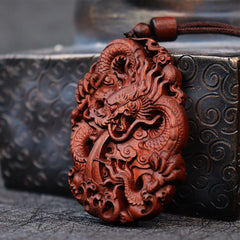 Lightning Struck Jujube Wood Double Dragon Relief Necklace Pendant for Warding Off Evil