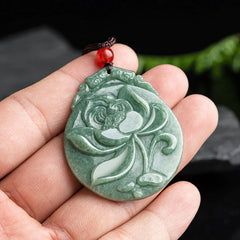 Round Lotus Pattern Jade Necklace Rope Pendant