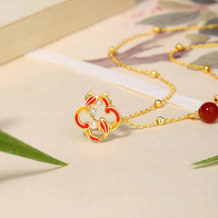 925 Sterling Silver Four Leaf Clover Koi Fish Red Agate Pearl Wealth Jewelry Set