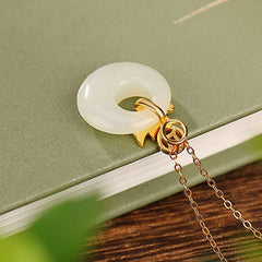 925 Sterling Silver Plated Gold Year of the Dragon Hetian Jade Peace Buckle Copper Coin Necklace Pendant