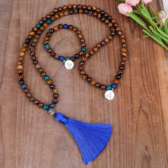 108 Mala Beads Tiger Eye Bracelet Tassel Necklace Pendant