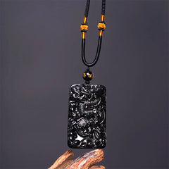 Natural Black Obsidian Rectangular Dragon Engraved Necklace Pendant
