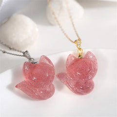 14k Gold Plated 925 Sterling Silver Strawberry Quartz Fox Healing Necklace Pendant