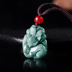Natural Green Jade Nine-Tailed Fox Engraved Prosperity Necklace Pendant