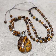 Natural Tiger Eye Beaded Pendant Necklace