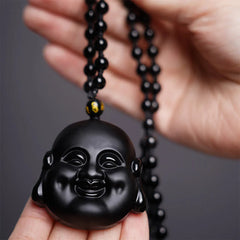 Natural Black Obsidian Laughing Buddha Purification Necklace Pendant