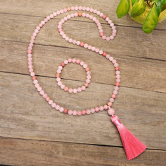 108 Mala Beads Pink Crystal Love Tassel Bracelet