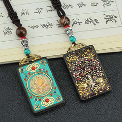 Tibet God of Wealth Money Tree Golden Phoenix Thangka Ebony Necklace Pendant