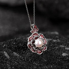 999 Sterling Silver Peony Flower Pearl Healing Necklace Pendant