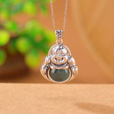 999 Sterling Silver Laughing Buddha Cyan Jade Lotus Necklace Pendant