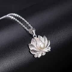 925 Sterling Silver Lotus Flower Pearl Wealth Necklace Pendant