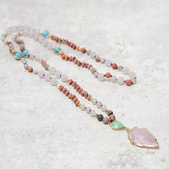 Renbeads Natural Rose Quartz Crystal Stone Healing Arrowhead Necklace Pendant