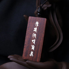 Renbeads 999 Sterling Silver Small Leaf Red Sandalwood Ebony Wood Om Mani Padme Hum Inlaid Protection Necklace Pendant
