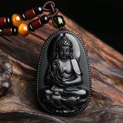 Chinese Zodiac Buddha Natural Black Obsidian Purification Necklace Pendant