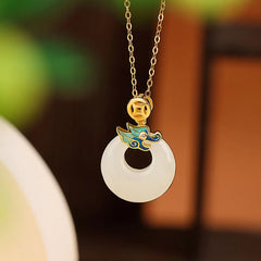 925 Sterling Silver Plated Gold Year of the Dragon Hetian Jade Peace Buckle Copper Coin Necklace Pendant