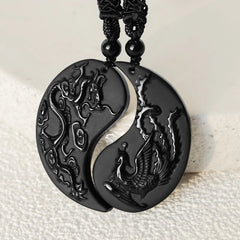 Black Obsidian Yin Yang Dragon Phoenix Luck Necklace Pendant