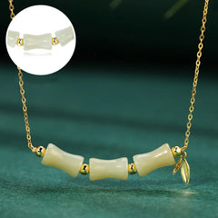 925 Sterling Silver Hetian Jade Bamboo Fu Character Prosperity Necklace and Bracelet