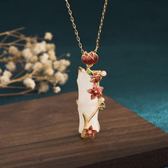 White Jade Bamboo Lotus Flowers Luck Protection Necklace Pendant